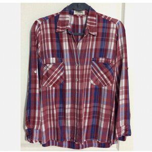 4Our Dreamers Plaid Button Up Shirt Top Roll Tab Sleeve Red Size Blue XS